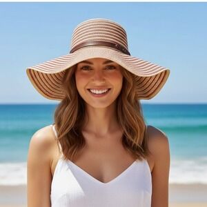 Calvin Klein Straw Floppy‎ Hat Womens Wide Brim Red Cream Striped Summer Beachy